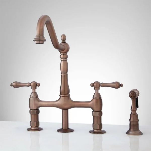 Signature Hardware 907295 Bellevue 1.8 GPM Bridge Kitchen Faucet - Includes Side Spray Oil Rubbed Bronze Faucet Kitchen Double H