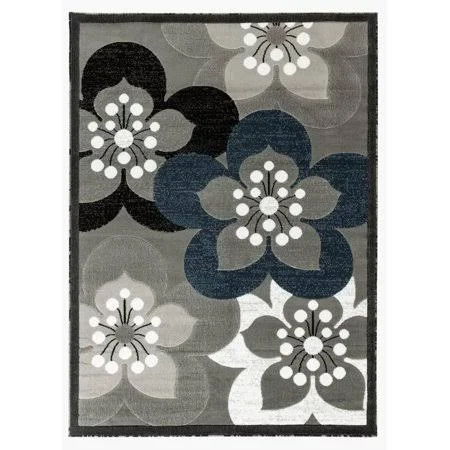 Newport Collection - Gray, White, Navy Blue Floral Modern Area Rug, Size: 5&x7&