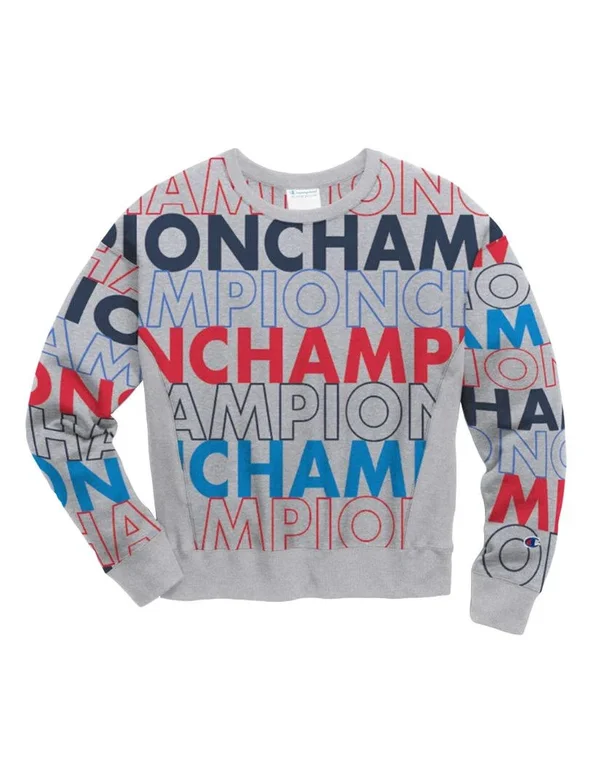 Champion Life Women's REVERSE Weave Crew, All-Over Logo Big Block Text Mix Oxford Grey 2XL