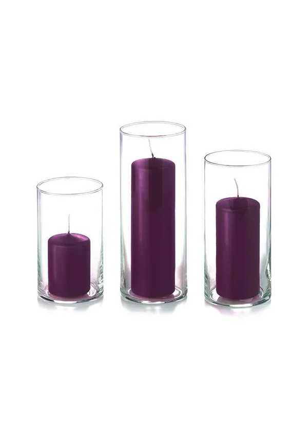 Yummi Set of 36 Slim Pillar Candles and Cylinder Vases - Dark Purple