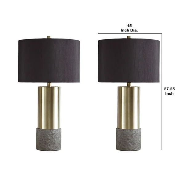 Benjara Bm230945 Faux Concrete and Metal Base Table Lamp - Set of 2, Brass and Gray