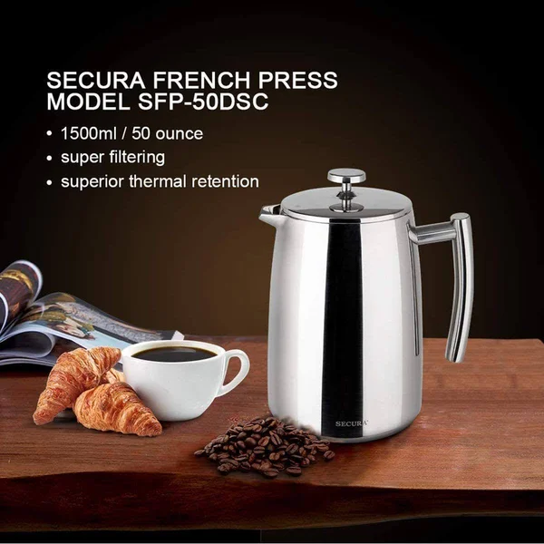 Secura 1500ml French Press Coffee Maker, 50-Ounce, Stainless Steel 18/10 Extra