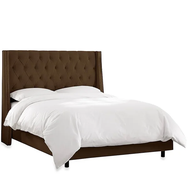 King Tufted Nail Button Wingback Bed in Velvet Chocolate - Brown