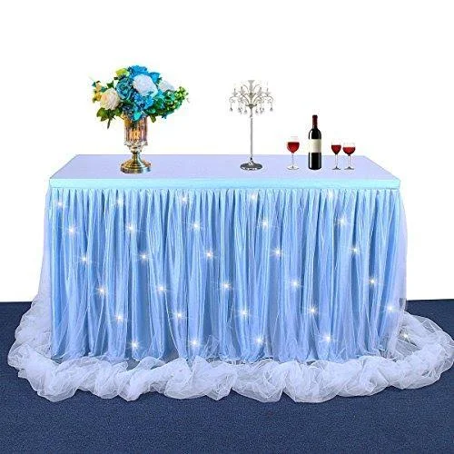 Baby Blue Tulle Tutu Table Skirt for Baby Shower Wedding and Birthday Party - led Table Skirt for Rectangle Table ( 9 ft Table Sk