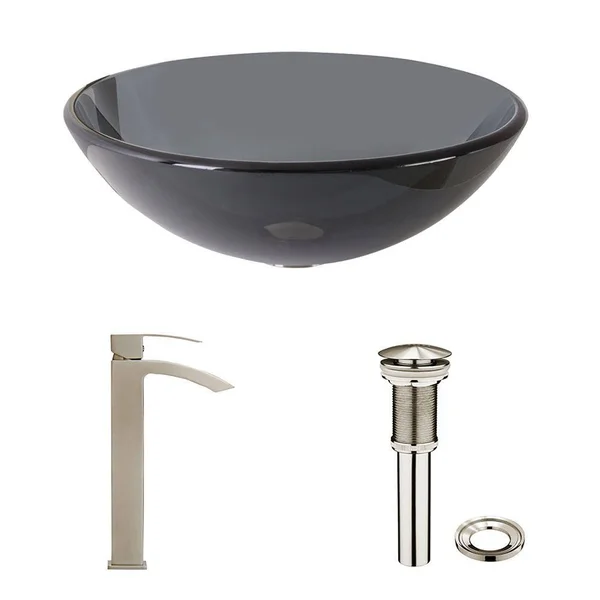 Vigo VGT1035 Sheer Black Glass Vessel Bathroom Sink and Duris Bathroom Vessel Faucet in Brushed Nickel
