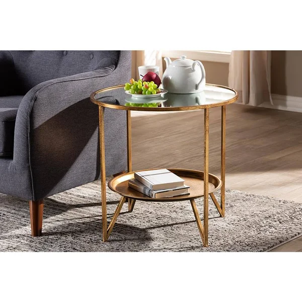 Baxton Studio Tamsin Modern and Contemporary Antique Gold Finished Metal and Mirrored Glass Accent Table with Tray Shelf
