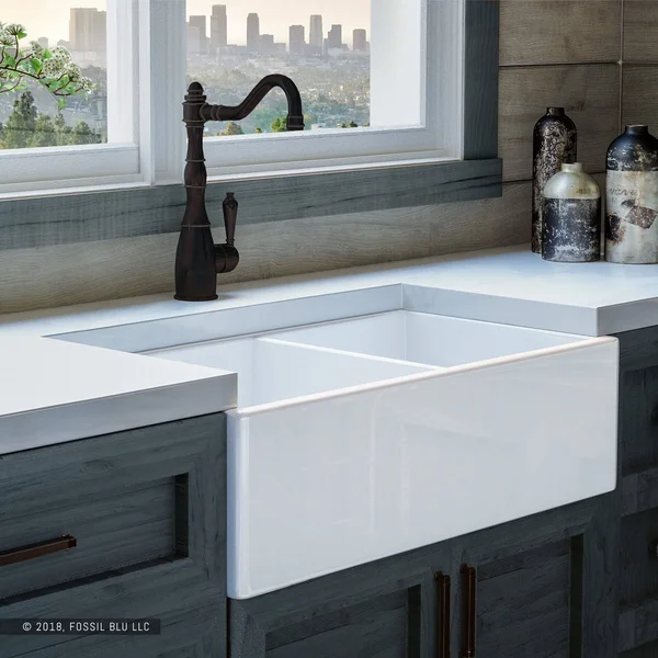 Fossil Blu Luxury 33 in. Ultra Fine Fireclay Modern Farmhouse Kitchen Sink in White - Double Bowl with Flat Front, Includes Drain