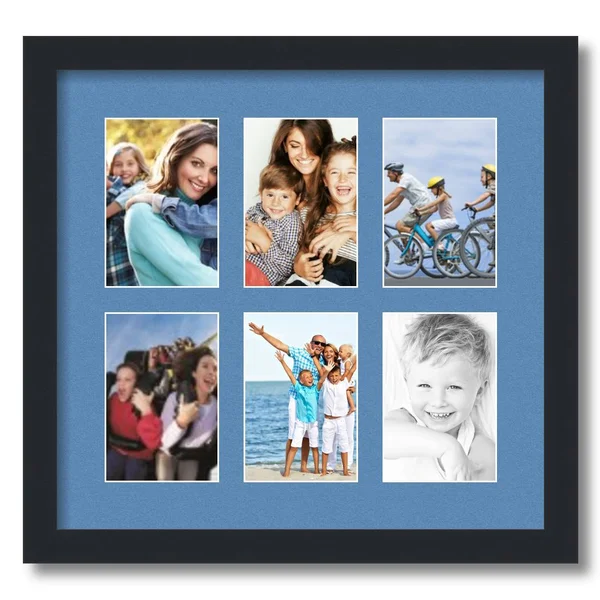 Collage Picture Frame - Satin Black Frame with 6 openings for 4x6 Photos with Liberty Blue Mat. D3926FG1170, ArtToFrames