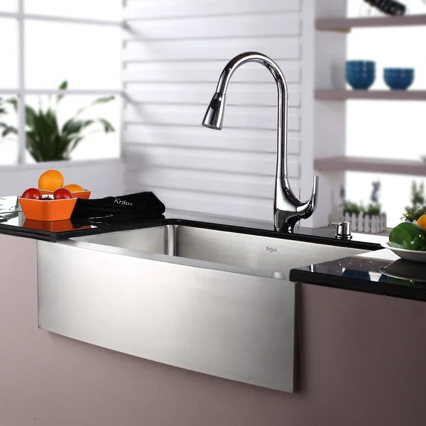 Kraus Stainless Steel Farmhouse Bowl Sink Combo Single Handle Kitchen Faucet
