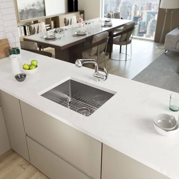 Rene R1-1015-18 23 inch Stainless Steel Single Bowl 3/4 inch Radius 18 Gauge Kitchen Sink with Cutting Board - Grid and Basket ST