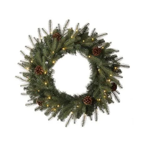 Glitzhome Pre-Lit Greenery Pine Cone Christmas Wreath with Warm White LED Light - Size: 24