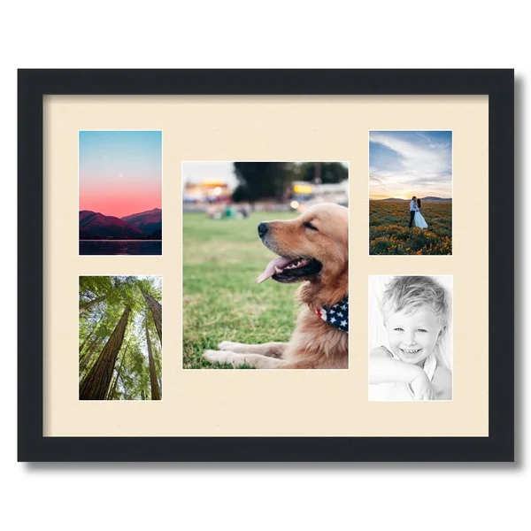 Collage Picture Frame, Satin Black Frame with 5 openings for 8x10 Photos with Pink Alabaster Mat. D3926DE1325, ArtToFrames