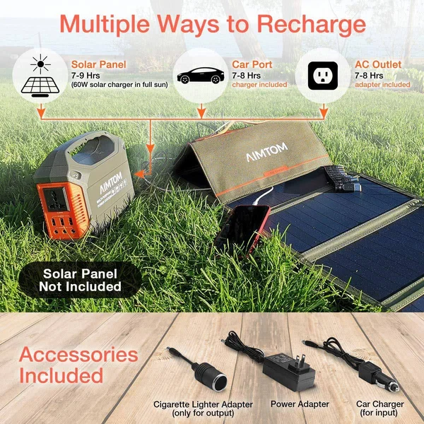 AIMTOM Portable Solar Generator, 42000mAh 155Wh Power Station, Emergency Backup Power Supply with Flashlights, for Camping, Home