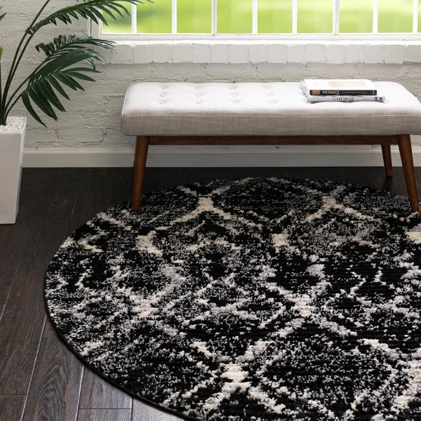 Rugs.com Tucson Collection Rug 3 ft Round Black Low Rug Perfect for Kitchens - Dining Rooms, Size: 3& x 3&