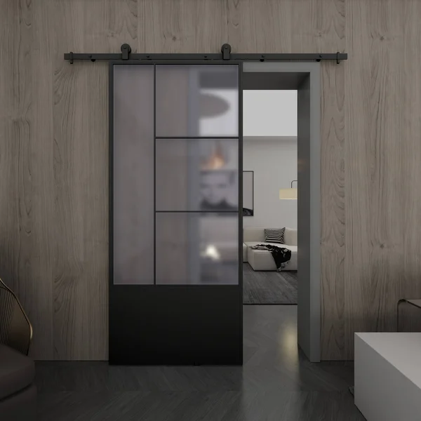 Glass and Metal Opera Barn Door Kit Colonial Elegance Finish: Frosted