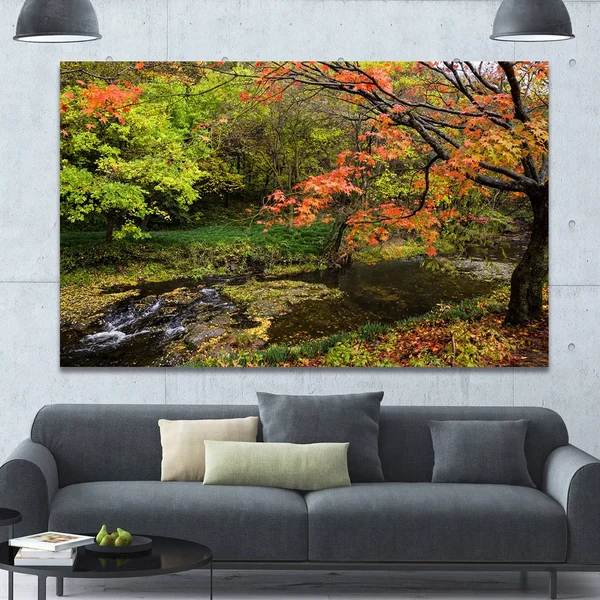 Design Art &Fall Trees in Bright Colors& Photographic Print on Wrapped Canvas - Size: 30 inch H x 40 inch W x 1 inch D, Green