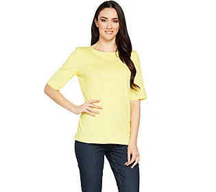 Susan Graver Essentials Butterknit Elbow SleeveBateau Neck Top, Size X-Large, Lemon Yellow