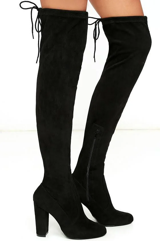 Lulus, So Much Yes Black Suede Over The Knee High Heel Boots, Size 6, Vegan Friendly