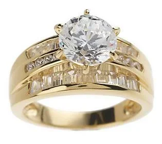 Diamonique Round & Baguette Ring, Sterling or 14K Gold Clad, Size 5, 14K Clad