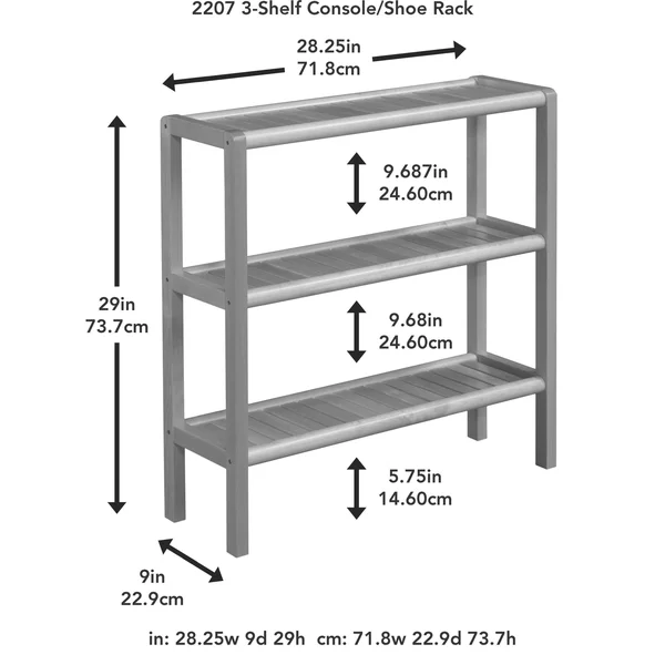 NewRidge Home Goods 2207-GRA 3 Tier Home Solid Wood Abingdon CONSOLE - Stand, Bookcase & Shoe Rack