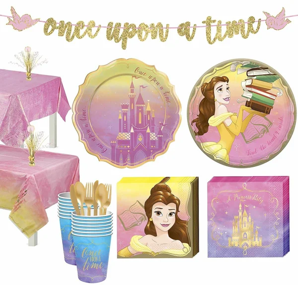 Party City Disney Princess Belle Tableware Kit for 16 Guests, Includes Cups, Cutlery, Napkins, Plates, and Decor, Size: One size