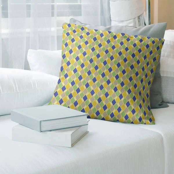 Retro Diamonds Throw Pillow - 16 x 16 - Yellow & Blue - Cotton