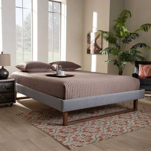 Baxton Studio Liliya Light Grey Fabric Walnut Wood Queen Platform Bed Frame