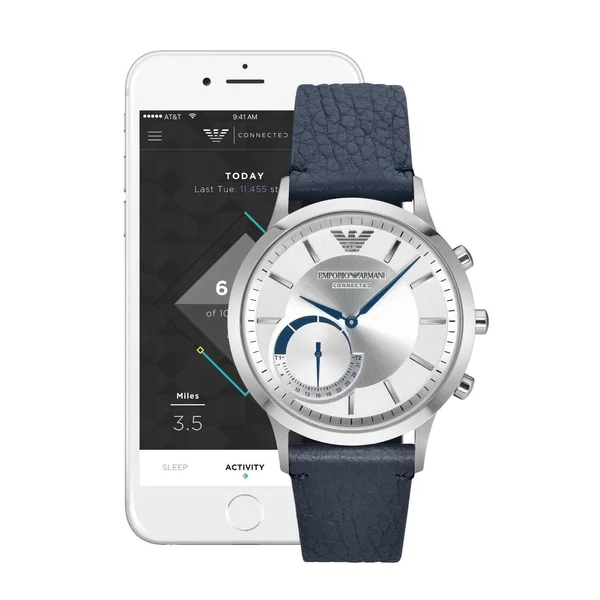 Emporio Armani Mens Connected Blue Leather Hybrid Smartwatch