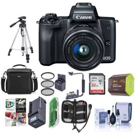 Canon Eos M50 Mirrorless Camera with EF-M 15-45mm f/3.5-6.3 Is STM Lens, Black - Bundle with 32GB SDHC Card, Camera Case, Tripod