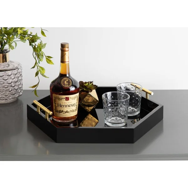 Kate and Laurel Lipton Hexagon Decorative Tray with Metal Handles, 18x18, Black