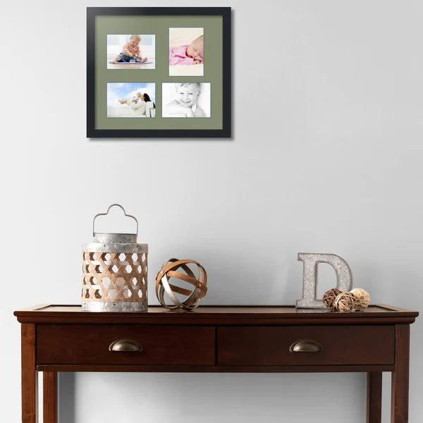 Collage Picture Frame, Satin Black Frame with 4 openings for 5x7 Photos with Green Basil Mat. D3926GK1117, ArtToFrames
