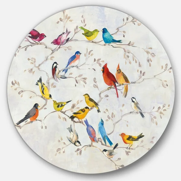 Designart 'Multi-Color Bird on Tree' Traditional Metal Circle Wall Art - 11 x 11 - Disc of 11 inch