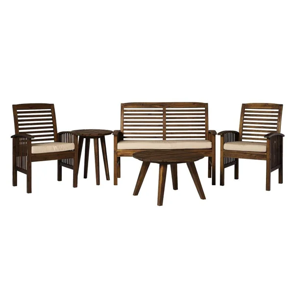 Walker Edison 5-Piece Wood Frame Patio Conversation Set withCushion(s) Included, LWOWCHAT5PCDB