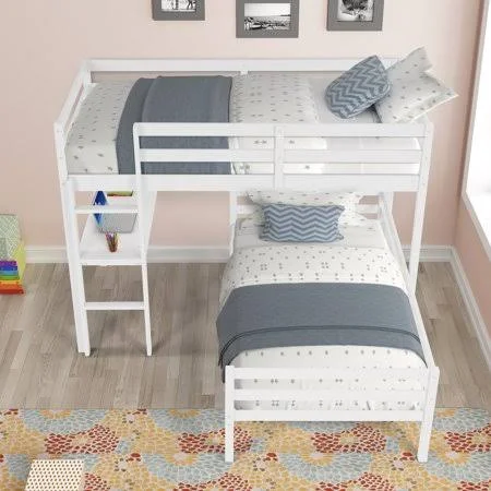 Twin Over Twin L-Shaped Bunk Bed with Desk for Kids - Solid Wood Convertible L-Shaped Bunk Bed Frame, No Box Spring Needed (White