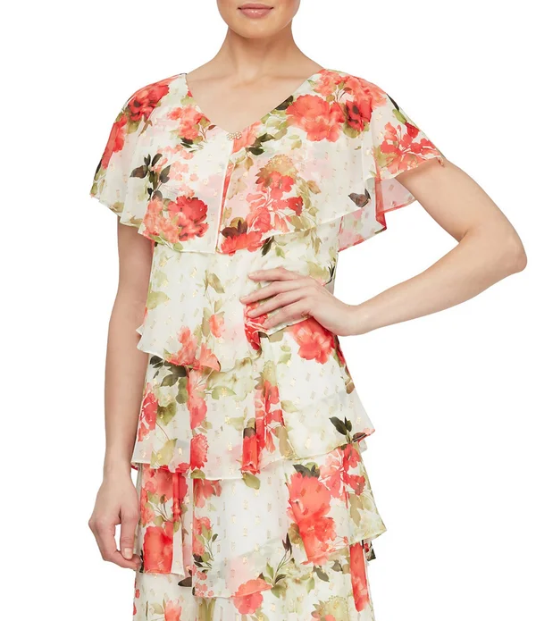 Slny Tiered Metallic Floral-Print Cocktail Dress - Ivory Multi, 16