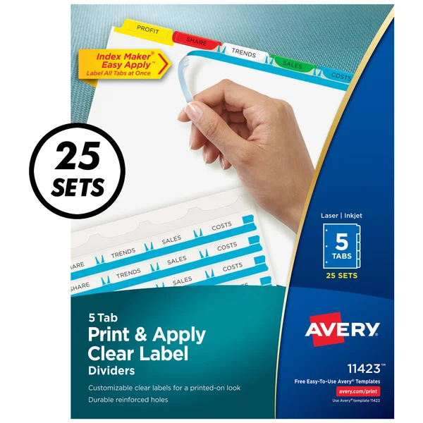 Avery Print & Apply Clear Label Dividers - Index Maker Easy Apply Printable Label Strip, 5 Multicolor Tabs, 25 Sets (11423)