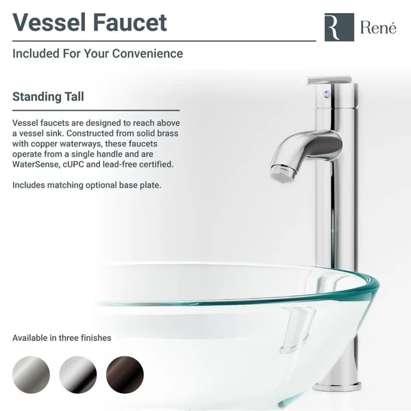 Rene R5-5007-R9-7001 16-1/2x22 Glass Vessel Bathroom Sink with Vessel Faucet Sink Foil Undertone