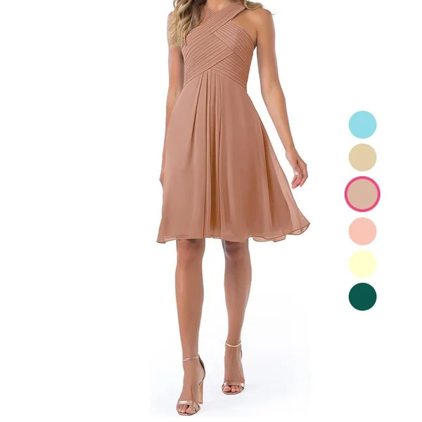 Azazie A-Line/Princess V-Neck Knee-Length Chiffon Bridesmaid Dresses - Champagne Rose