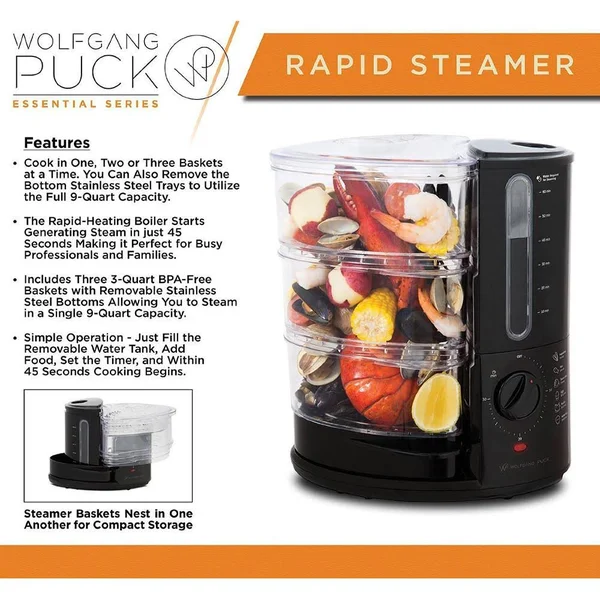 Wolfgang Puck 1400 Watt BPA-Free 3-Tier Rapid Food Steamer - Essential Series, 16.2 x 11 x 10.3"