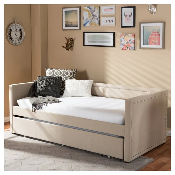 Baxton Studio Raymond Beige Linen Fabric Nail Heads Trimmed Sofa Twin Daybed with Roll-Out Trundle Guest Bed