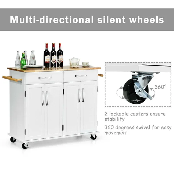 Costway Kitchen Trolley Island Utility Cart Wood Top Rolling Storage - White