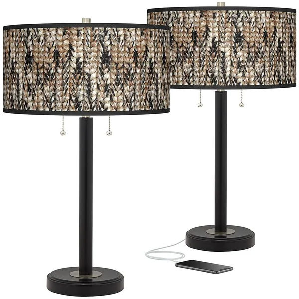 Giclee Glow Braided Jute Arturo Black Bronze USB Table Lamps Set of 2, Brown