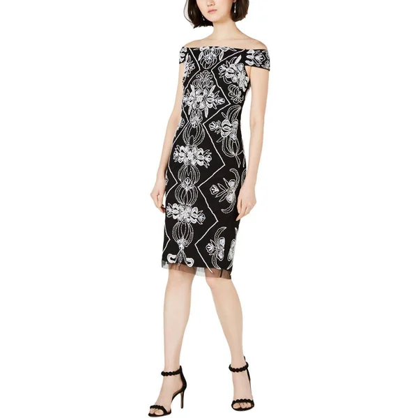 Adrianna Papell Womens Beaded Off-The-Shoulder Party Dress, Black White