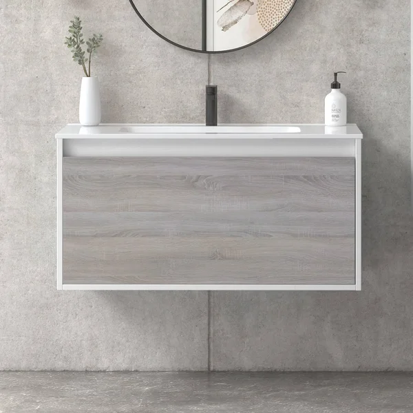 32x22 Bathroom Vanity Cabinet + Ceramic Sink, Tribeca, W 32 x H 20 x D 18 in RHD Weathered