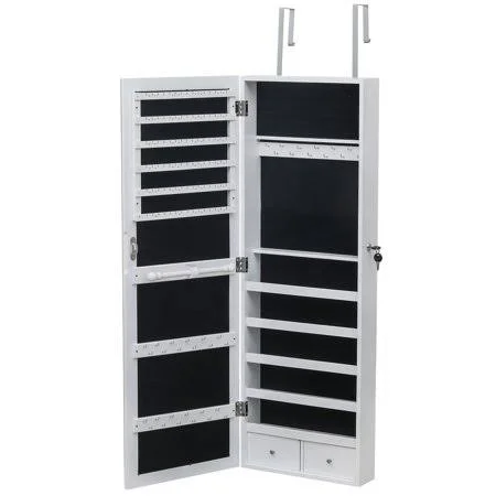 Full Mirror Wooden Wall Hanging 5-Layer Shelf 2 Drawer Jewelry Storage Mirror Cabinet - White - Girl's, Size: 13 in