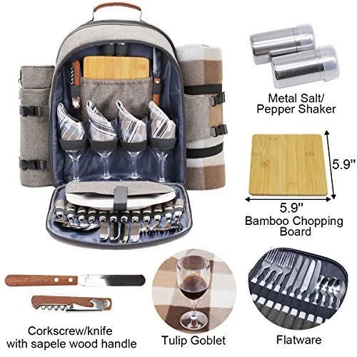 Sunflora Picnic Backpack for 4 Person Set Pack with Insulated Waterproof Pouch for Family Outdoor Camping (Brush Beige)