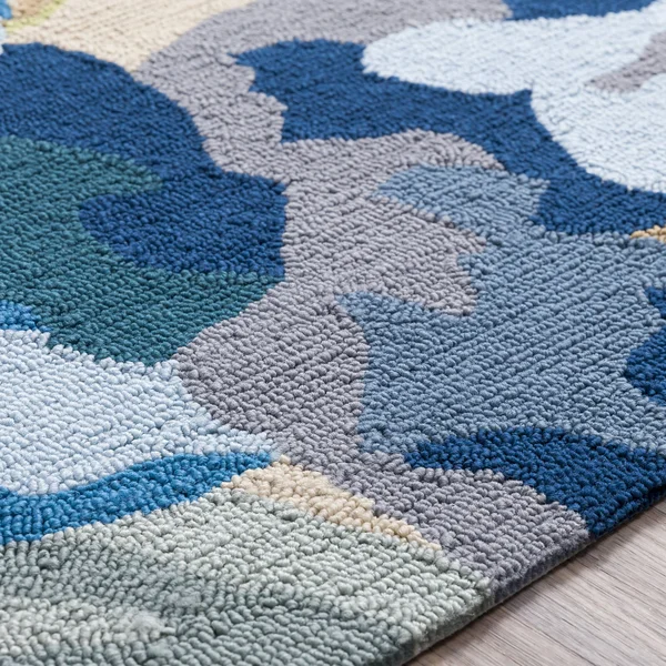 Modern BHS-0057099 Hooked Poly Blue Outdoor Floral Door Mat, 3' x 5'