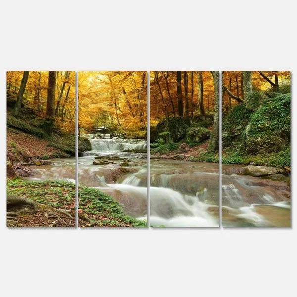Designart Forest Waterfall with Yellow Trees Landscape Canvas Art Print - 4 Panels - 61471340018