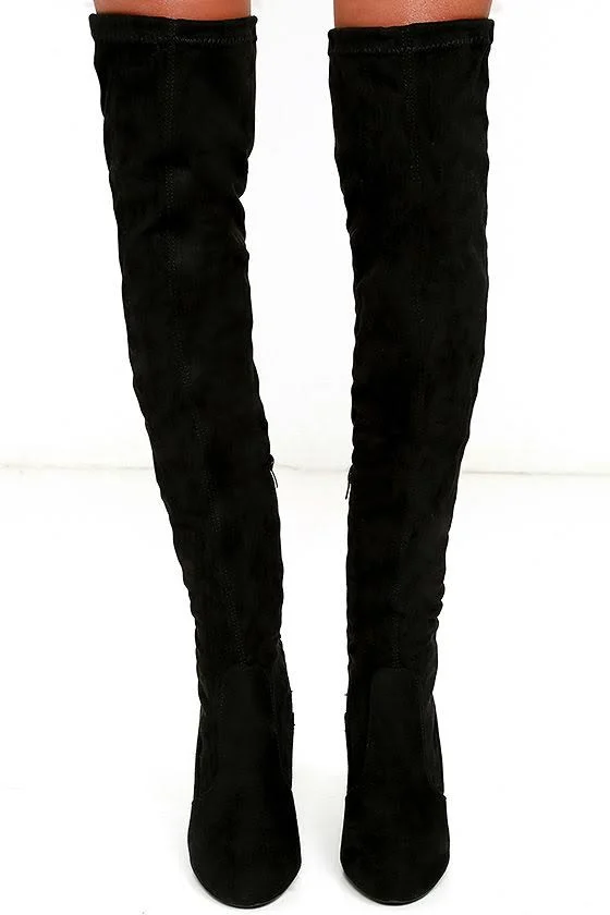 Lulus, So Much Yes Black Suede Over The Knee High Heel Boots, Size 6, Vegan Friendly