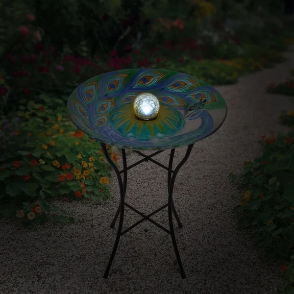 Peaktop Outdoor 18 in. Solar Glass Birdbath - Peacock